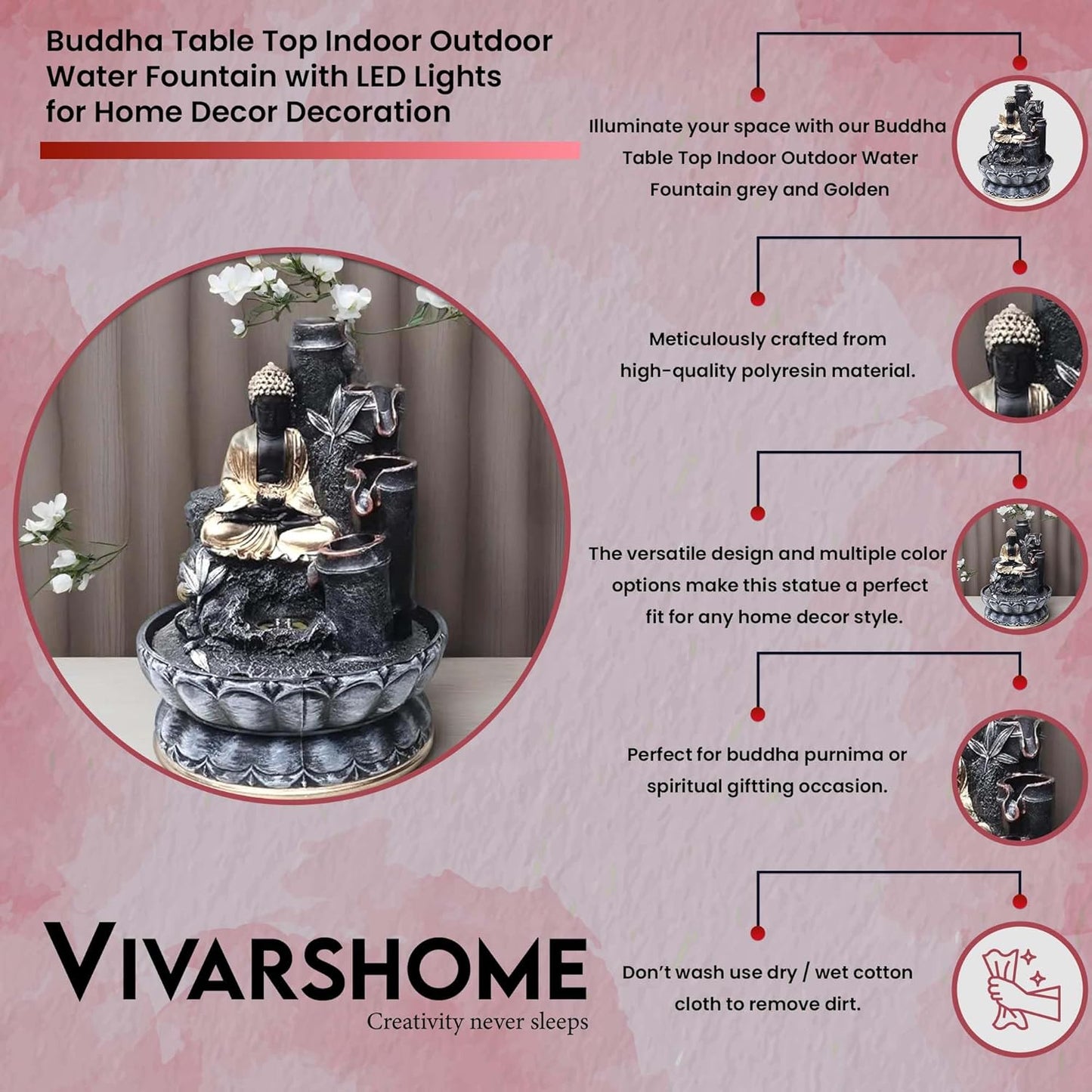Buddha Water Fountain with LED Lights for Home Décor | Indoor Tabletop Zen Fountain for Meditation, Relaxation & Positive Energy | Peaceful Flowing Water Feature for Living Room & Office