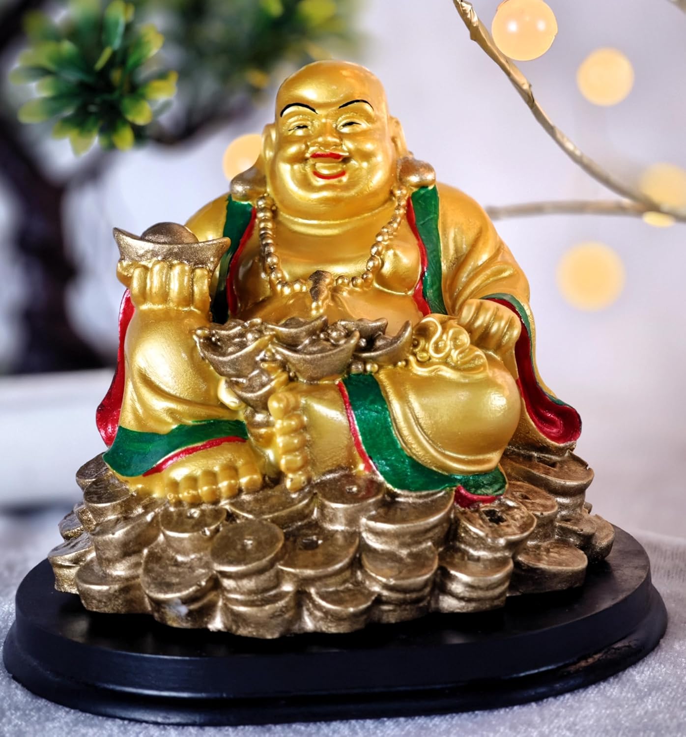 Feng Shui Golden Polyresin Medium Happy Man Laughing Buddha Statue, Sitting on a Gold Coin with Ingot for Prosperity and Good Fortune – Ideal for Office Decor