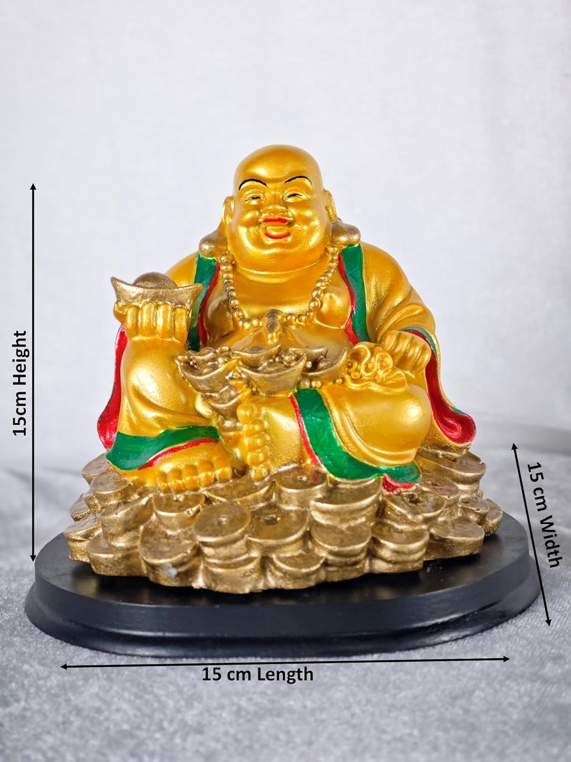 Feng Shui Golden Polyresin Medium Happy Man Laughing Buddha Statue, Sitting on a Gold Coin with Ingot for Prosperity and Good Fortune – Ideal for Office Decor