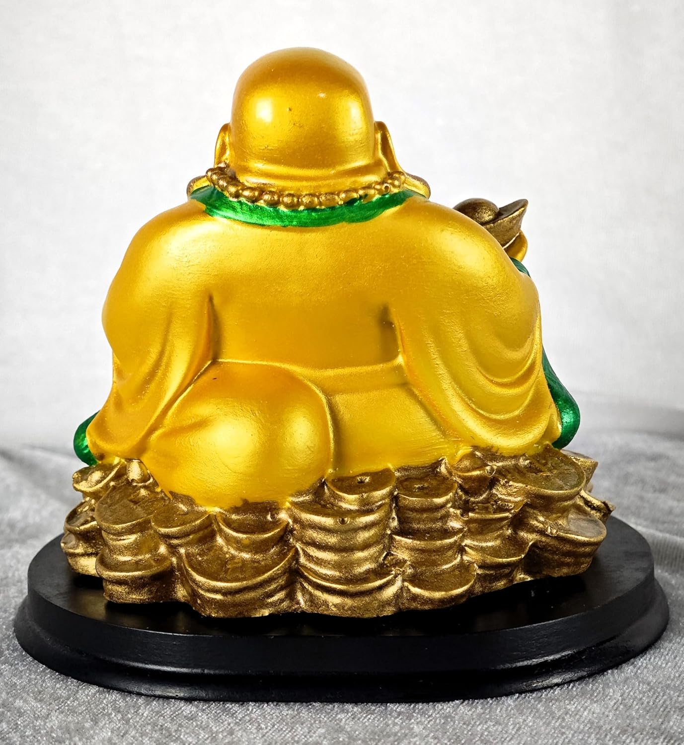 Feng Shui Golden Polyresin Medium Happy Man Laughing Buddha Statue, Sitting on a Gold Coin with Ingot for Prosperity and Good Fortune – Ideal for Office Decor
