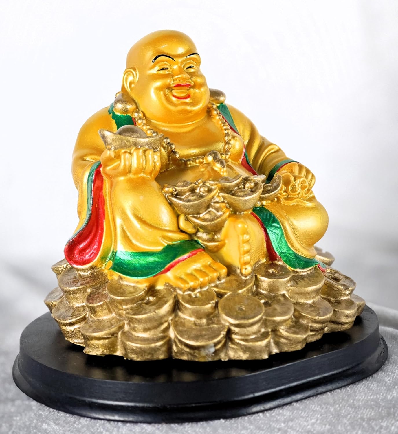 Feng Shui Golden Polyresin Medium Happy Man Laughing Buddha Statue, Sitting on a Gold Coin with Ingot for Prosperity and Good Fortune – Ideal for Office Decor