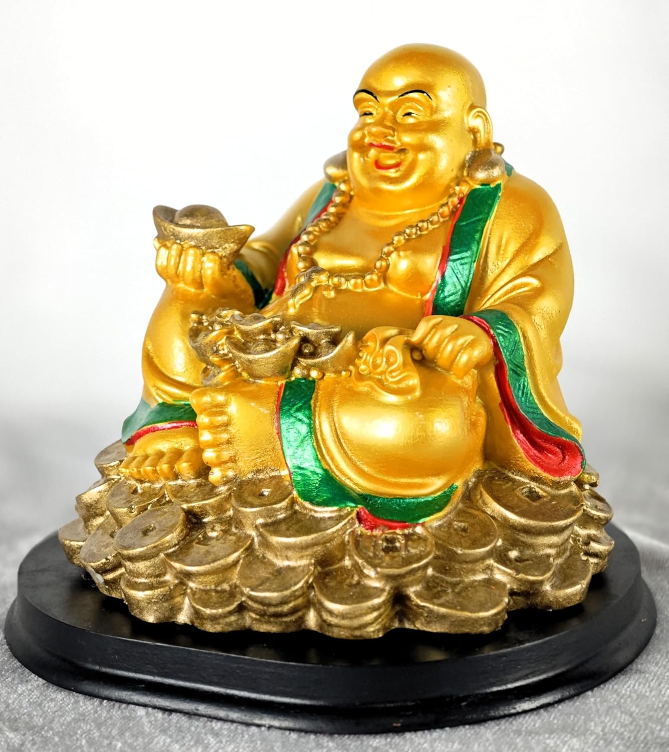 Feng Shui Golden Polyresin Medium Happy Man Laughing Buddha Statue, Sitting on a Gold Coin with Ingot for Prosperity and Good Fortune – Ideal for Office Decor
