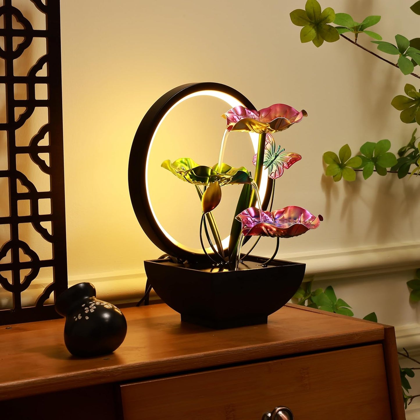 LED Ring Light Water Fountain for Home Decor – Tabletop Showpiece for Living Room, Bedroom, Office, Meditation & Housewarming Gift
