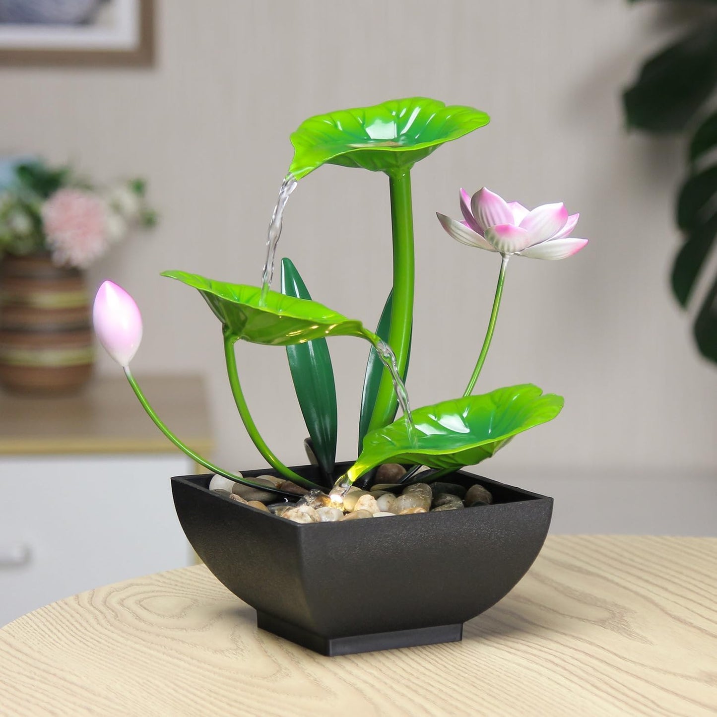 Tranquil Lotus: 3-Tier Tabletop Fountain with Soothing Waterfall & River Rocks