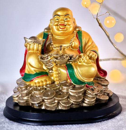 Feng Shui Golden Polyresin Medium Happy Man Laughing Buddha Statue, Sitting on a Gold Coin with Ingot for Prosperity and Good Fortune – Ideal for Office Decor